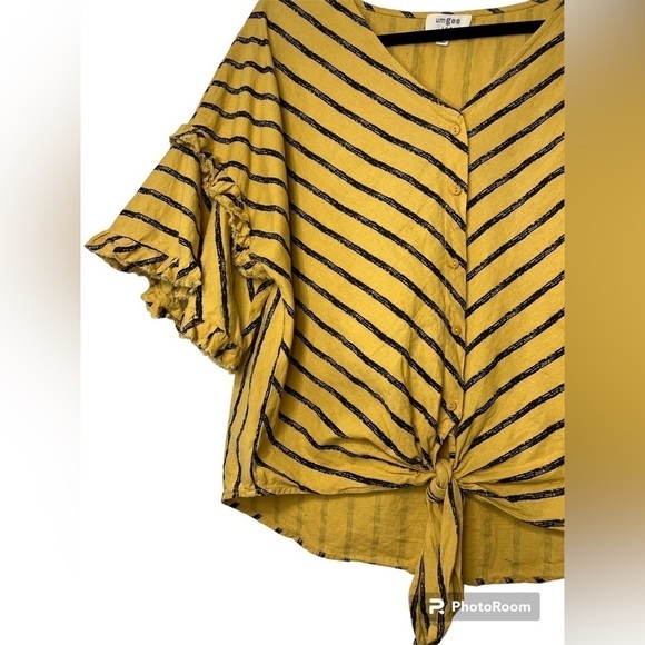Umgee Bell Ruffle Sleeve Striped V-Neck Button Front Top with Tie and Scoop Hem - Picture 3 of 5